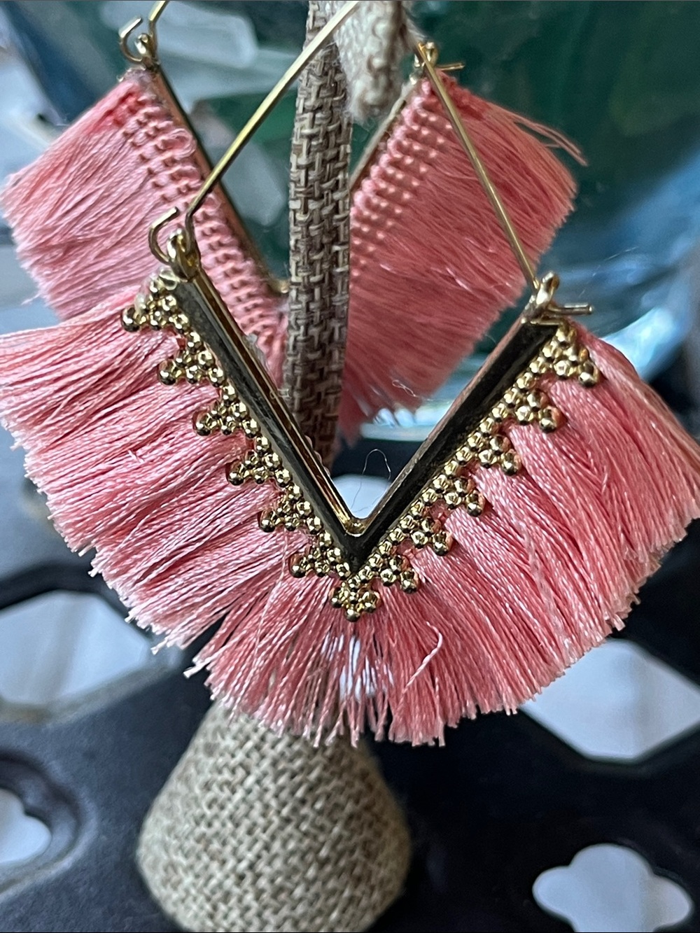 Pink Tassel Fringe Drop Earrings, pierced